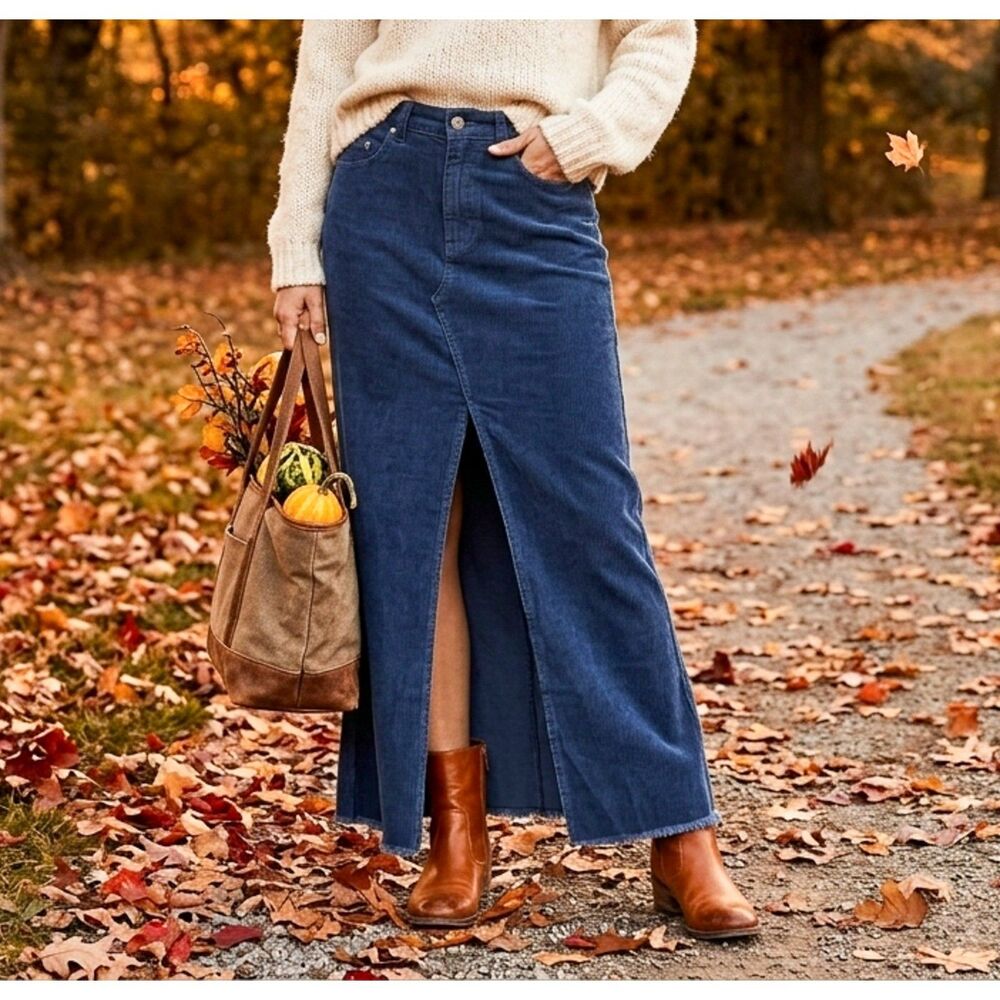Vintage 90s XOXO Deadstock Fringed Corduroy Maxi Skirt - Navy Blue Size 1/2